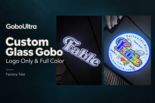 GoboUltra editorial cover showing logo-only and full-color custom gobo factory test photographs.