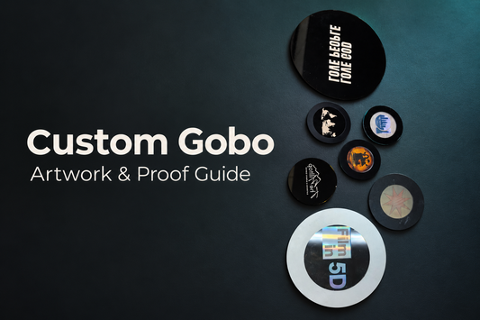 Custom gobo artwork and proof guide with finished gobo samples on a dark studio background.
