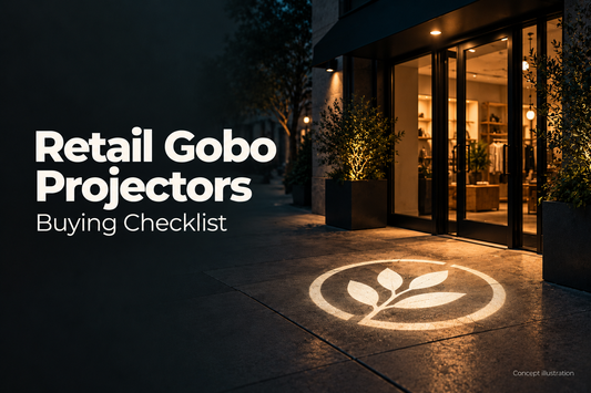 Retail gobo projector buying checklist with an illustrated storefront projection concept