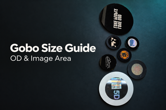 Thin finished gobo samples in a cover explaining outer diameter and image area