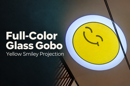 Yellow smiley full-color gobo projection in a designed blog cover