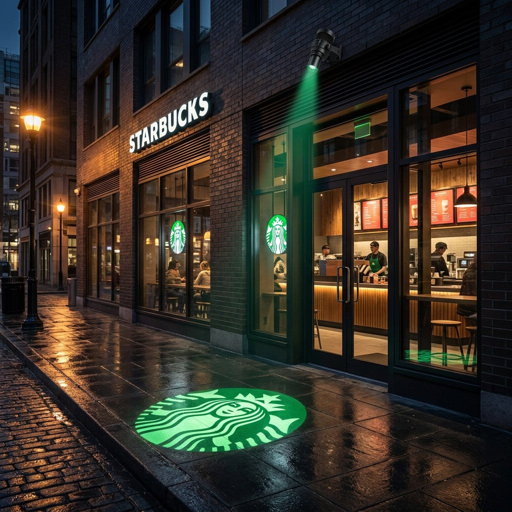 Custom Starbucks Logo Projection on sidewalk using 40W Outdoor Gobo Projector - High Brightness Branding